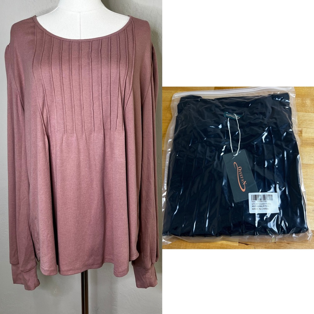 Bundle (2) Ofeefan Long Sleeve Pleated Scoop Neck Shirt Blouse Size 3XL NEW